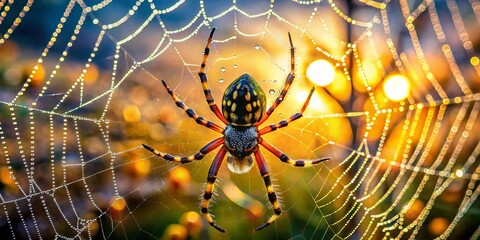 Obraz premium Bathed in morning light, a colorful orb-weaver spider showcases its web, elegantly draped in sparkling dew drops,