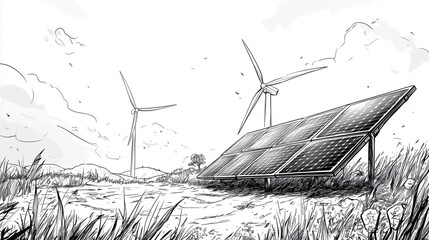 Fototapeta premium Hand drawn sketch of solar panels and wind turbines, representing alternative energy sources, and vector illustration design