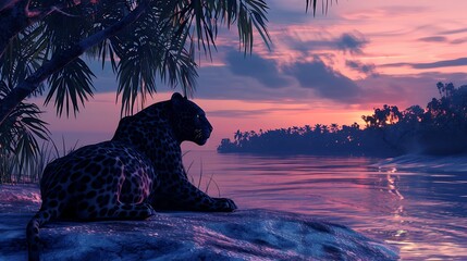Three dimensional animated panther relaxing by the shore at dusk