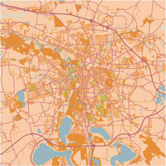 Map of Leipzig in Germany in a sandy theme. Contains layered vector with roads water, parks, etc.