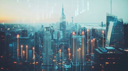 Obraz premium Blurry network interface with arrows pointing up over New York city panorama background. Concept of smart city and internet connection.generative ai