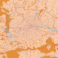 Map of London in United Kingdom in a sandy theme. Contains layered vector with roads water, parks, etc.