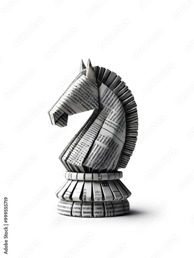 Wall mural chess horse made from business newspaper origami.