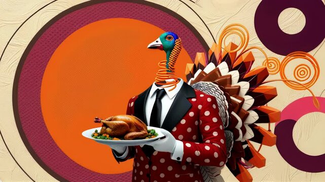 A whimsical and colorful a quirky turkey character dressed in a polka dot outfit and carrying a plate of Thanksgiving feast.