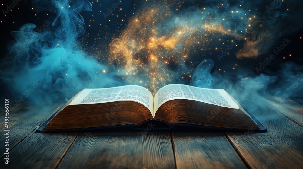 Wall mural magical open book with swirling stars and cosmic mist