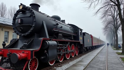 Fototapeta premium Steam train journeying through a misty forest