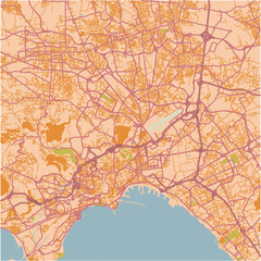 Map of Naples in Italy in a sandy theme. Contains layered vector with roads water, parks, etc.