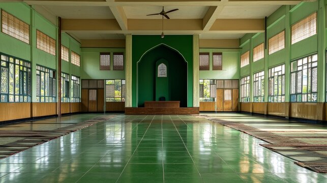 A prayer place with prayer leader room or mihrab in the middle. Green dominates the room. This no side wall mosque is situated in a school.