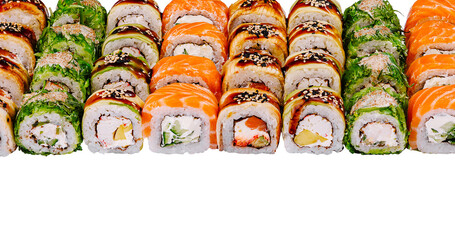 Different types of sushi forming a colorful composition on white background