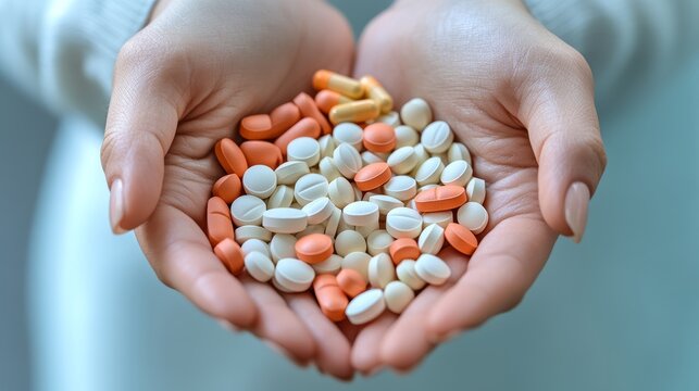 Lot of pills in woman hands. Movement in frame. Medications. Round tablets oval pills. pharmaceutics and medicine.