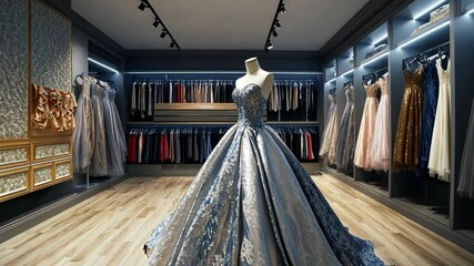 A silver sequined gown sits in the center of a well-lit boutique, surrounded by racks of other dresses