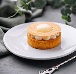 Elegant gourmet dessert on white plate
