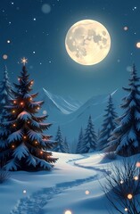 Naklejka premium Image of a magical winter landscape with full moon as a Christmas background
