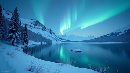 Winter landscape covered in snow, northern lights in the sky reflecting on the lake, icy blue colors,