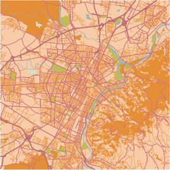Map of Turin in Italy in a sandy theme. Contains layered vector with roads water, parks, etc.
