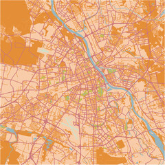 Map of Warsaw in Poland in a sandy theme. Contains layered vector with roads water, parks, etc.
