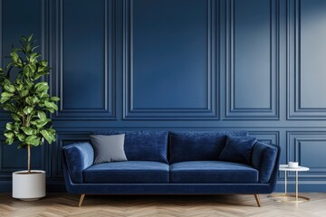 Chic Contemporary Living Room with Dark Blue Sofa on Beige Wall Background