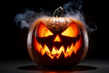 Naklejka premium A jack-o'-lantern with a demonic face, where flames are visible through the carved eyes and mouth. Generative AI.