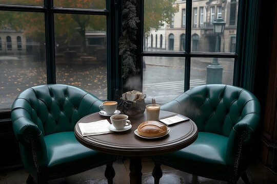 Parisian cafe in Paris, window view, raining, cozy place for coffee.