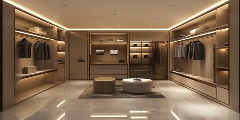 Modern walk-in closet with marble floor and illuminated shelves.
