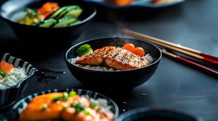 Grilled Salmon with Rice and Vegetables in Bowls