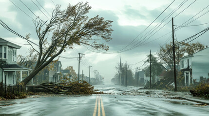 Devastation unfolds as fallen trees block roads and homes sustain heavy damage, while relentless rain and rising ocean waves engulf the neighborhood during a hurricane