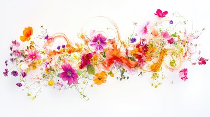 Mesmerizing colorful flowers form swirling trails, creating a stunning abstract pattern on a white background during an artistic floral display
