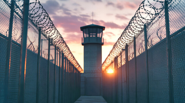High prison fence with barbed wire and guard tower illuminated by sunset light in a wide angle perspective