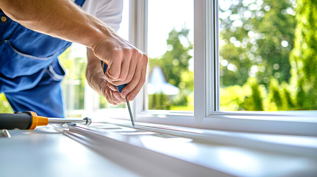 Fototapeta Close-up of a worker repairing plastic window frames from inside a bright kitchen with a view of a green garden on a sunny day