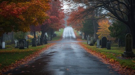 Obraz premium Road through Cemetery on Rainy Fall Day