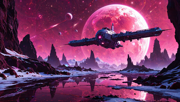 Vaisseau spatial devant une plan&egrave;te rose