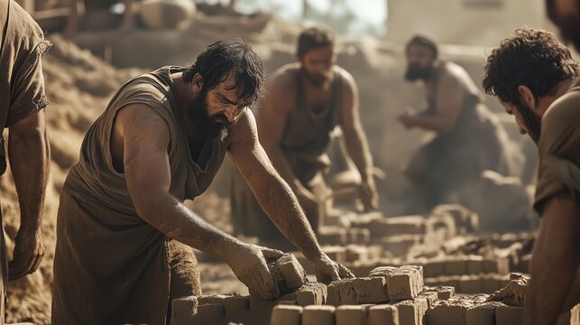 the Israelites working in hard bondage making clay and brick, (biblical context)