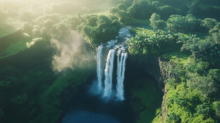 Obraz premium A stunning aerial view of a waterfall cascading into a serene pool surrounded by lush, vibrant green tropical foliage under the early morning sunlight, capturing nature's tranquility.