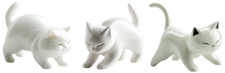 Elegant White Cat Figurines in Playful Poses, isolated on transparent background.