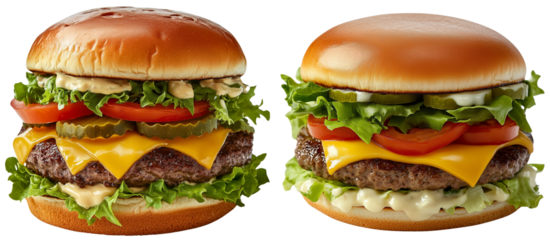 Delicious Cheeseburgers with Fresh Toppings, isolated on transparent background.