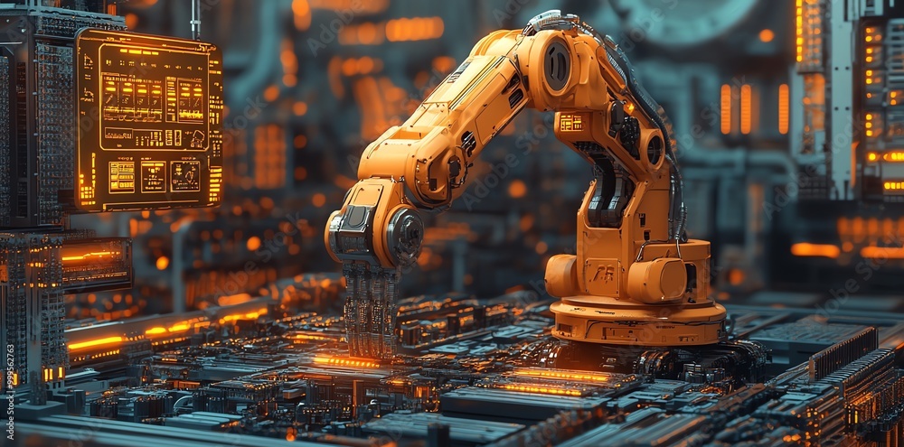 Aufkleber orange robotic arm with glowing lights, working on an intricate circuit board in an industrial setti