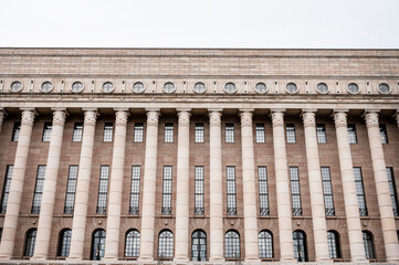 The Finnish Parliament building in Helsinki, Finland.