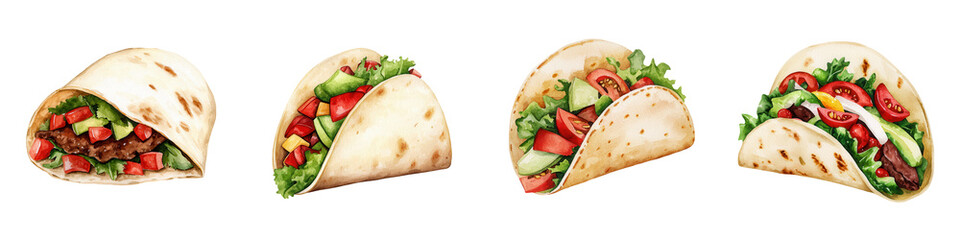 Four delicious wrapped tacos with fresh ingredients on white background