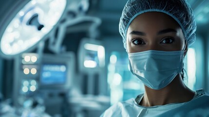 Black female surgeon wearing scrubs and mask in an operating room, focused on surgery