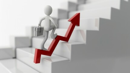A person climbing stairs with a briefcase, symbolizing career growth and progress through a rising arrow in a modern environment