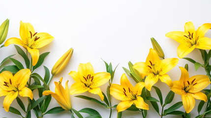 Yellow lilies with green leaves on white background with copy space © TiA