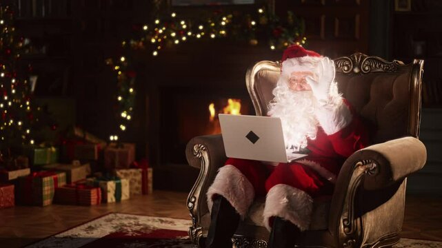Cozy living room in Santa Claus home in Christmas night, old man with laptop. Happy wizard surfing internet by modern PC, shopping online, chatting in social media, relax time after New year and Xmas
