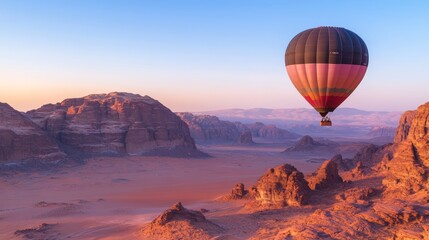 Obraz premium The view of colourful rock formations in Wadi Rum desert from a hot air balloon at sunrise
