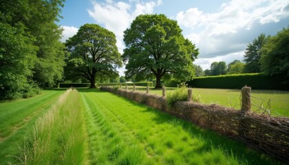 Obraz premium Tranquil rural landscape with lush greenery and a rustic fence