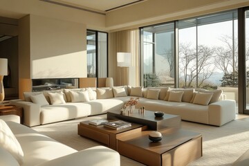 Modern Beige Living Room Interior Design with Panoramic Window View