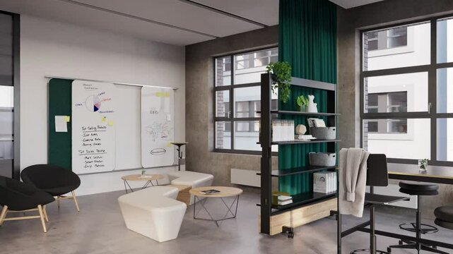 Interior of a modern office space. Fly through animation. 3d Rendering.