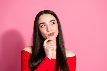 Photo of nice young girl look interested empty space red top isolated on pink color background