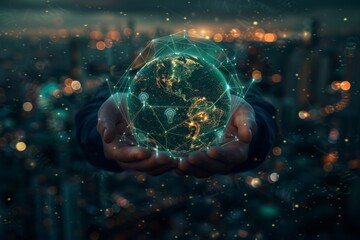 A person holds a digitally connected globe above a city skyline at night, symbolizing global connectivity and technological advancement