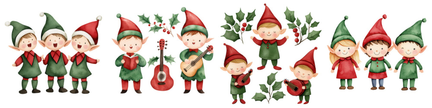 Whimsical Christmas elves singing and celebrating, white isolate background