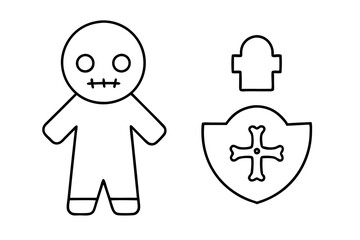 Set line Voodoo doll, Tombstone with cross, Skull, Frankenstein face, Vampire, Ghost and crossbones icon. Vector